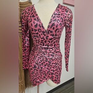 Pink Leopard Print Sequin Dress